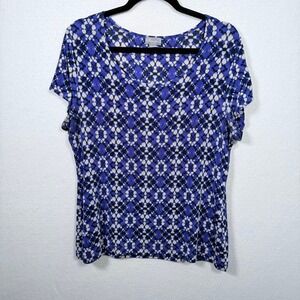 Travelers‎ by Chico's Top Size 2/ Large Blue White Geometric Print Short Sleeve